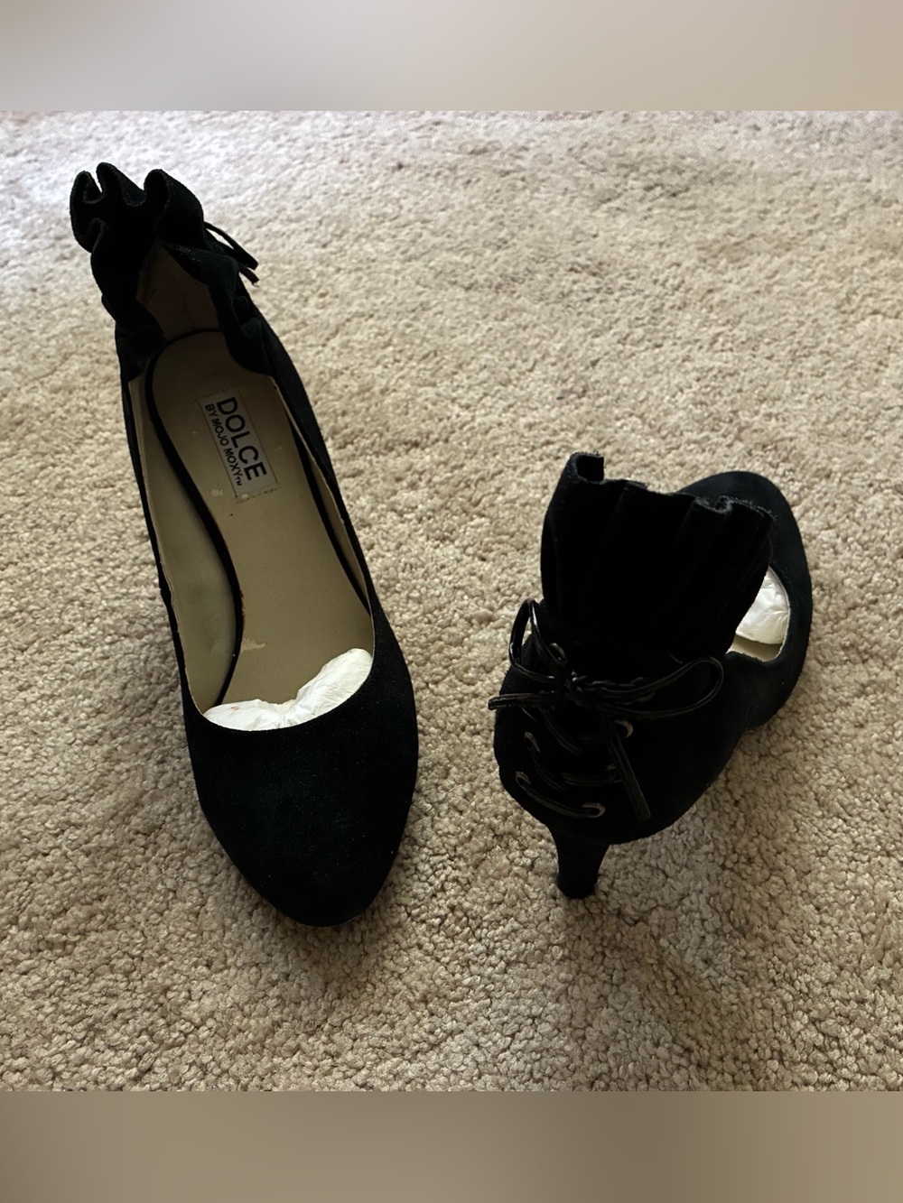 Dolce by Mojo Moxy Black Suede High Heel Pumps with Back Bow Accent